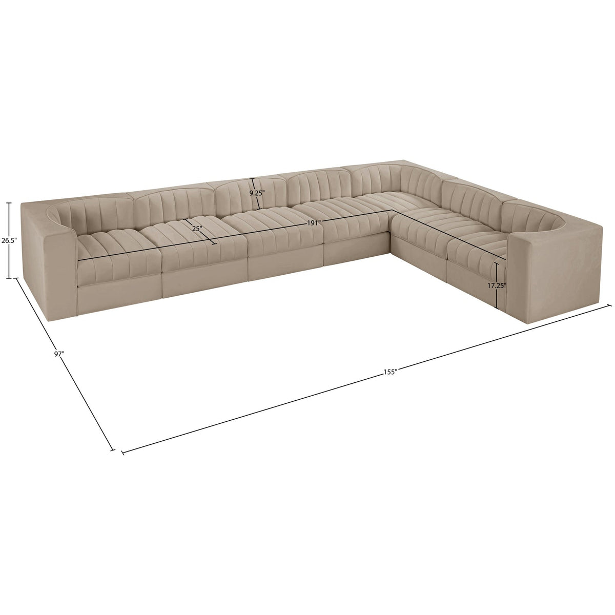 Rummi Beige Velvet Performance Fabric Upholstered 7 Piece Modular Sectional Sofa