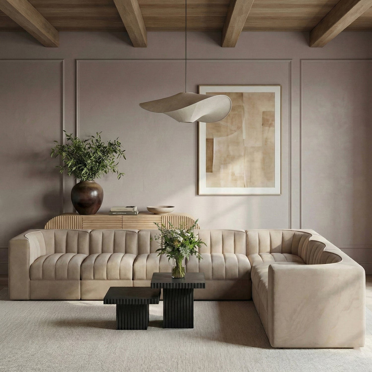 Rummi Beige Velvet Performance Fabric Upholstered 7 Piece Modular Sectional Sofa