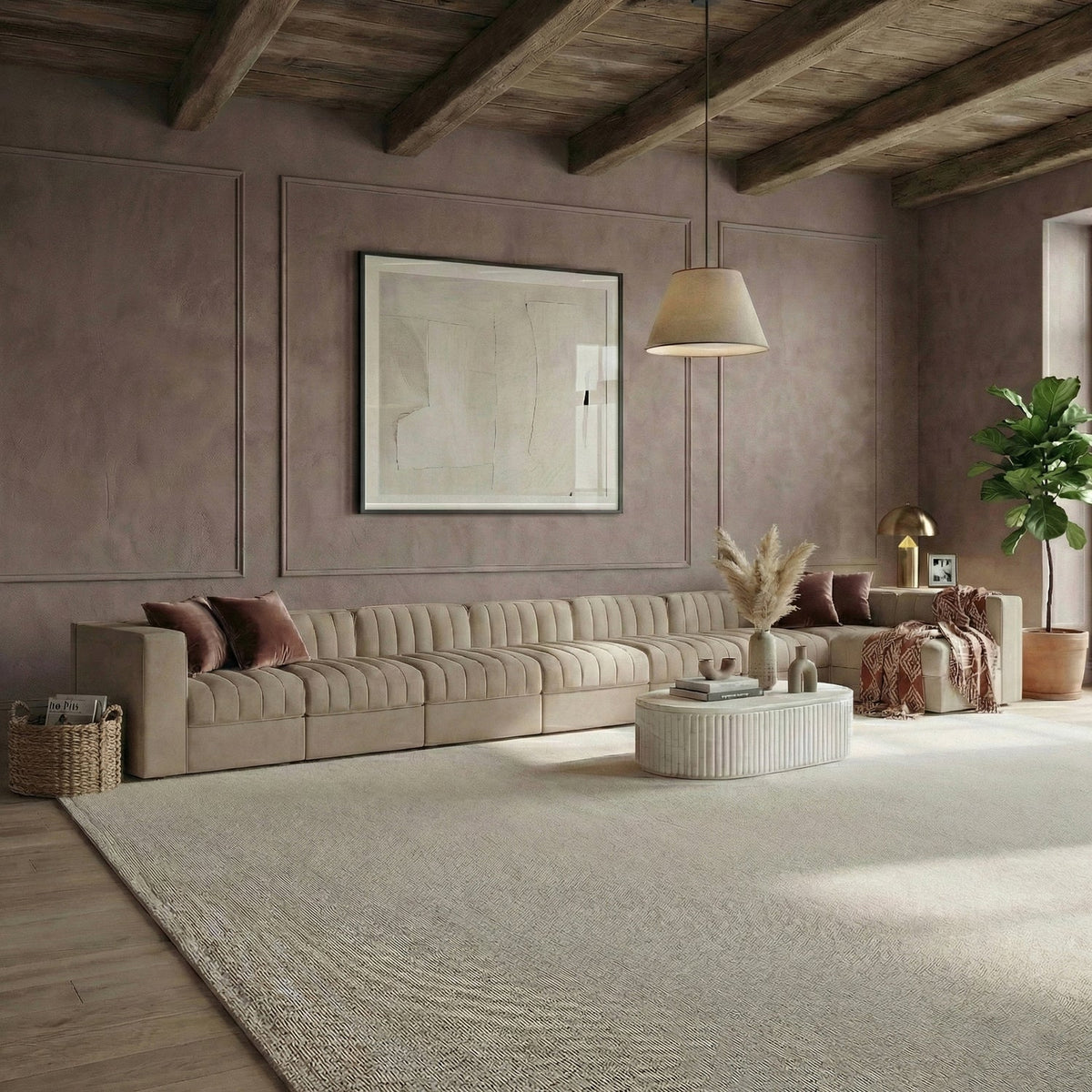 Rummi Beige Velvet Performance Fabric Upholstered 8 Piece Modular Sectional Sofa