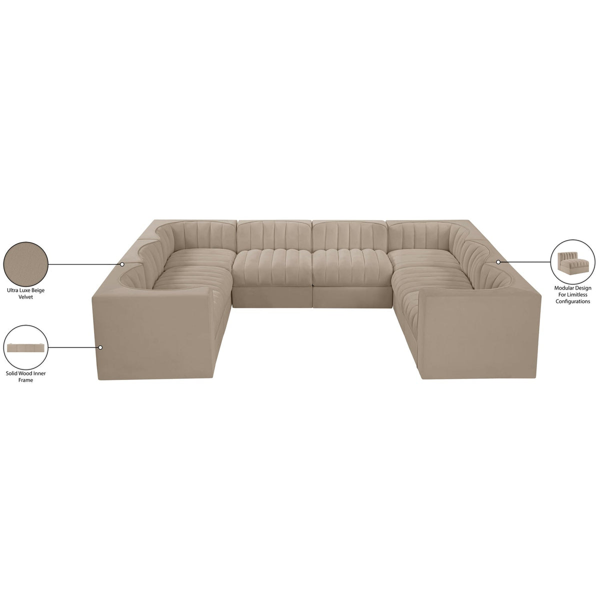 Rummi Beige Velvet Performance Fabric Upholstered Modular Sectional Sofa