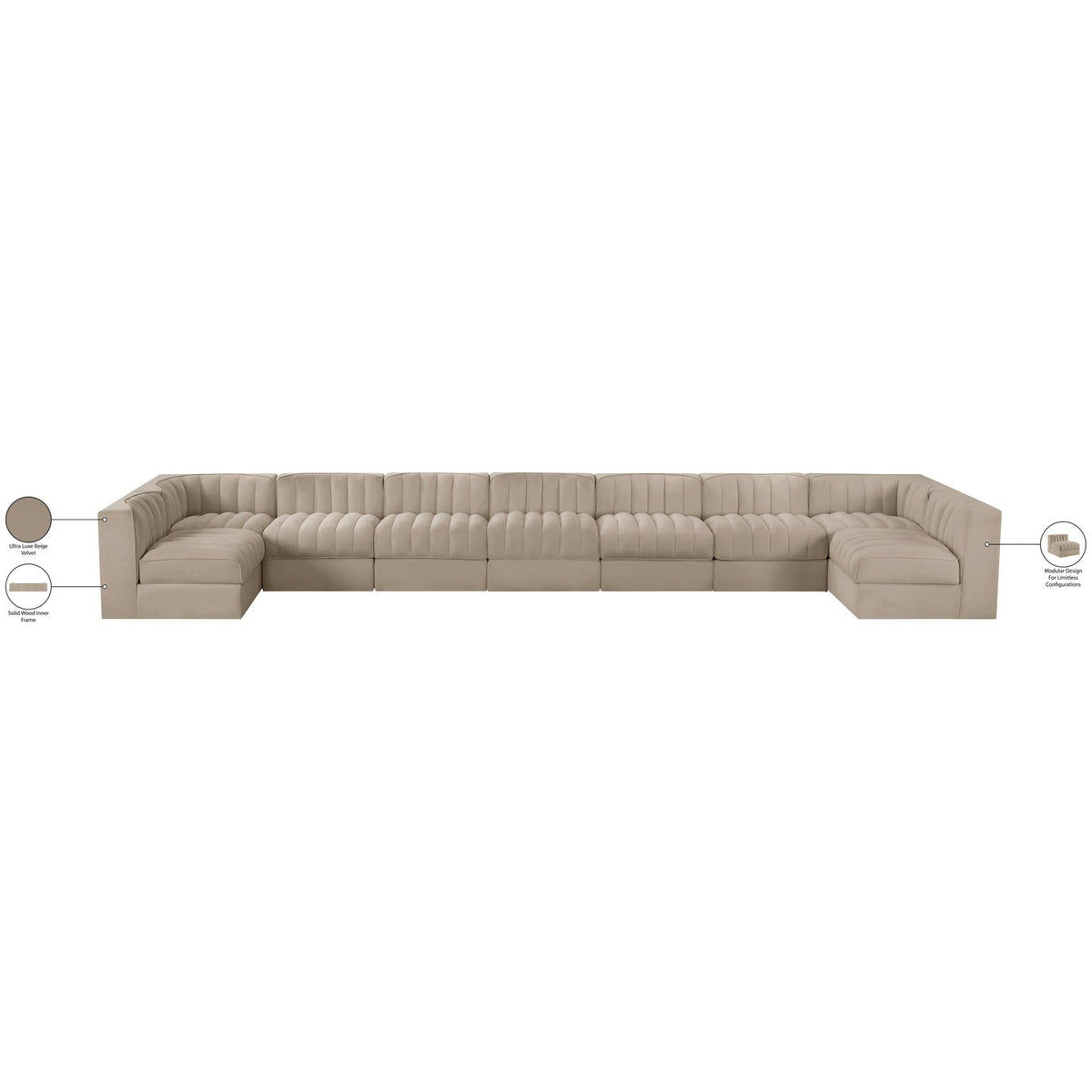 Rummi Beige Velvet Performance Fabric Upholstered 9 Piece Modular Sectional Sofa