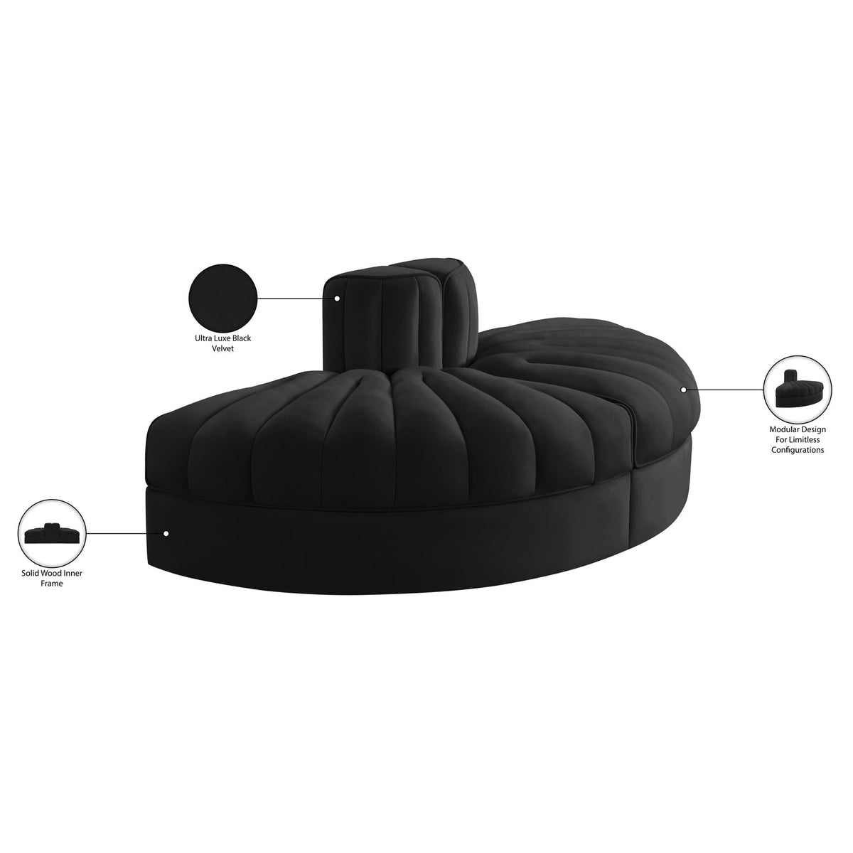 Rummi Black Velvet Performance Fabric Upholstered 2Piece. Modular Sofa