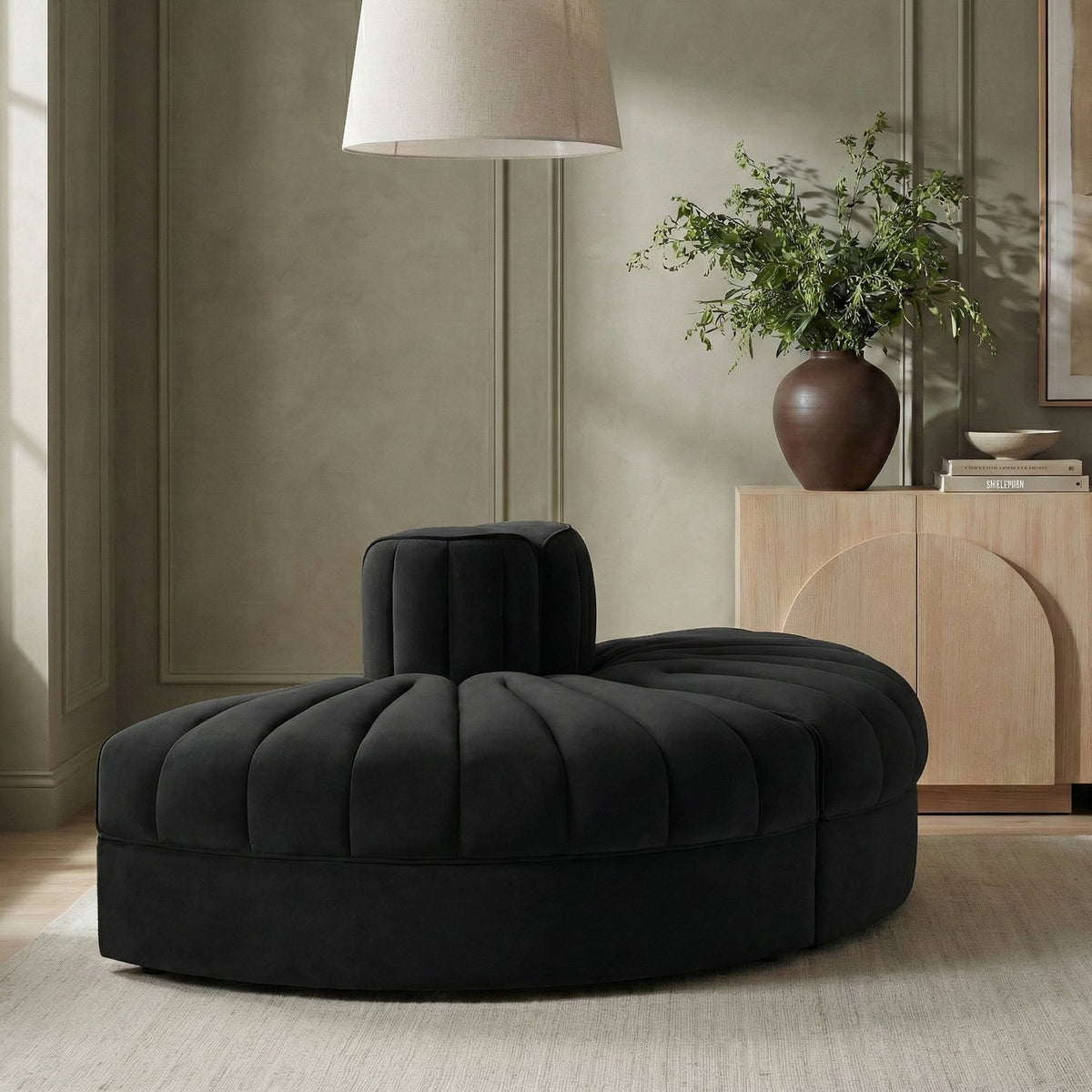 Rummi Black Velvet Performance Fabric Upholstered 2Piece. Modular Sofa