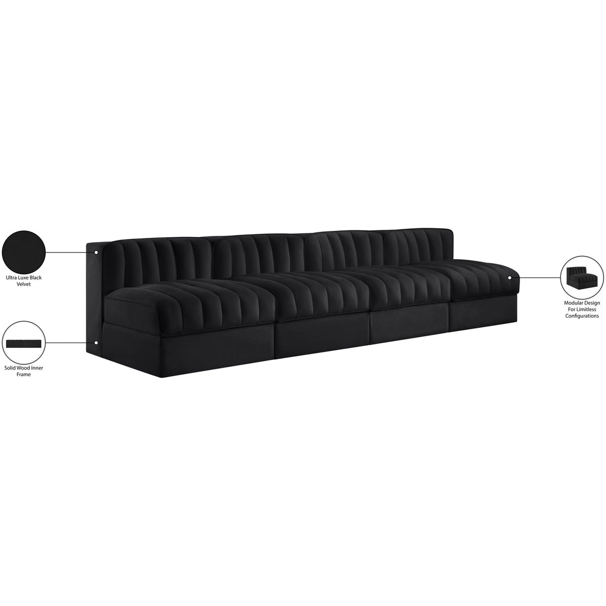 Rummi Black Velvet Performance Fabric Upholstered 4 Piece Modular Sofa