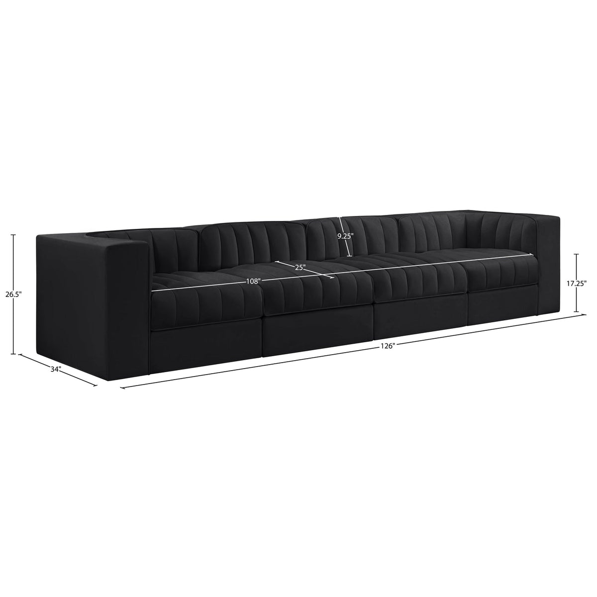 Rummi Black Velvet Performance Fabric Upholstered 4 Piece Modular Sofa