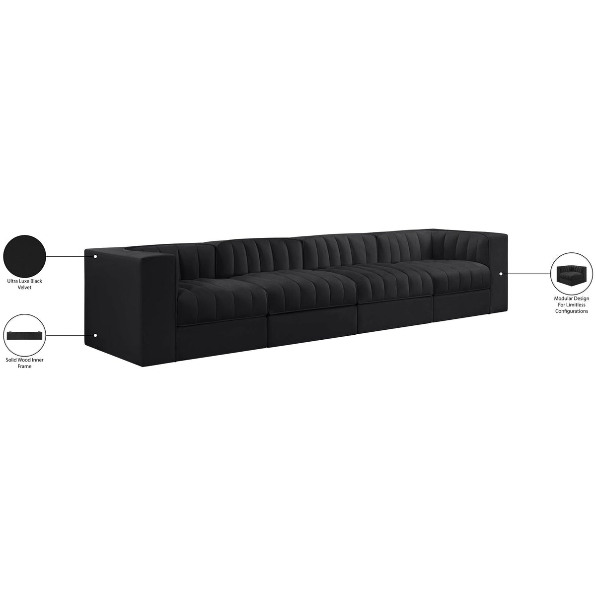 Rummi Black Velvet Performance Fabric Upholstered 4 Piece Modular Sofa