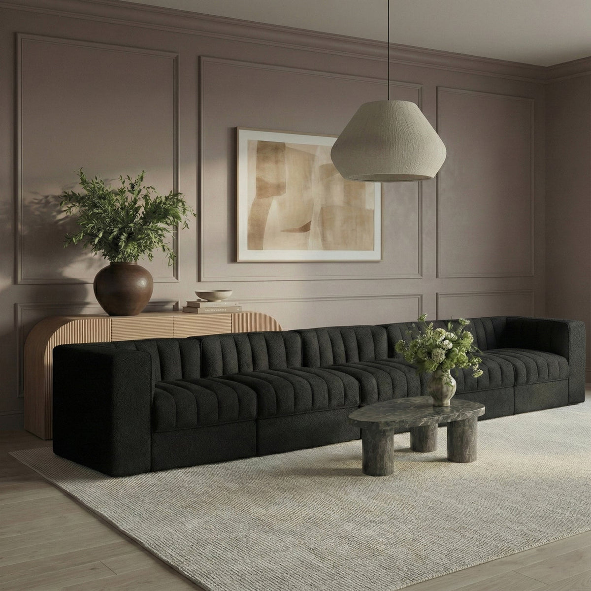 Rummi Black Velvet Performance Fabric Upholstered 5 Piece. Modular Sofa