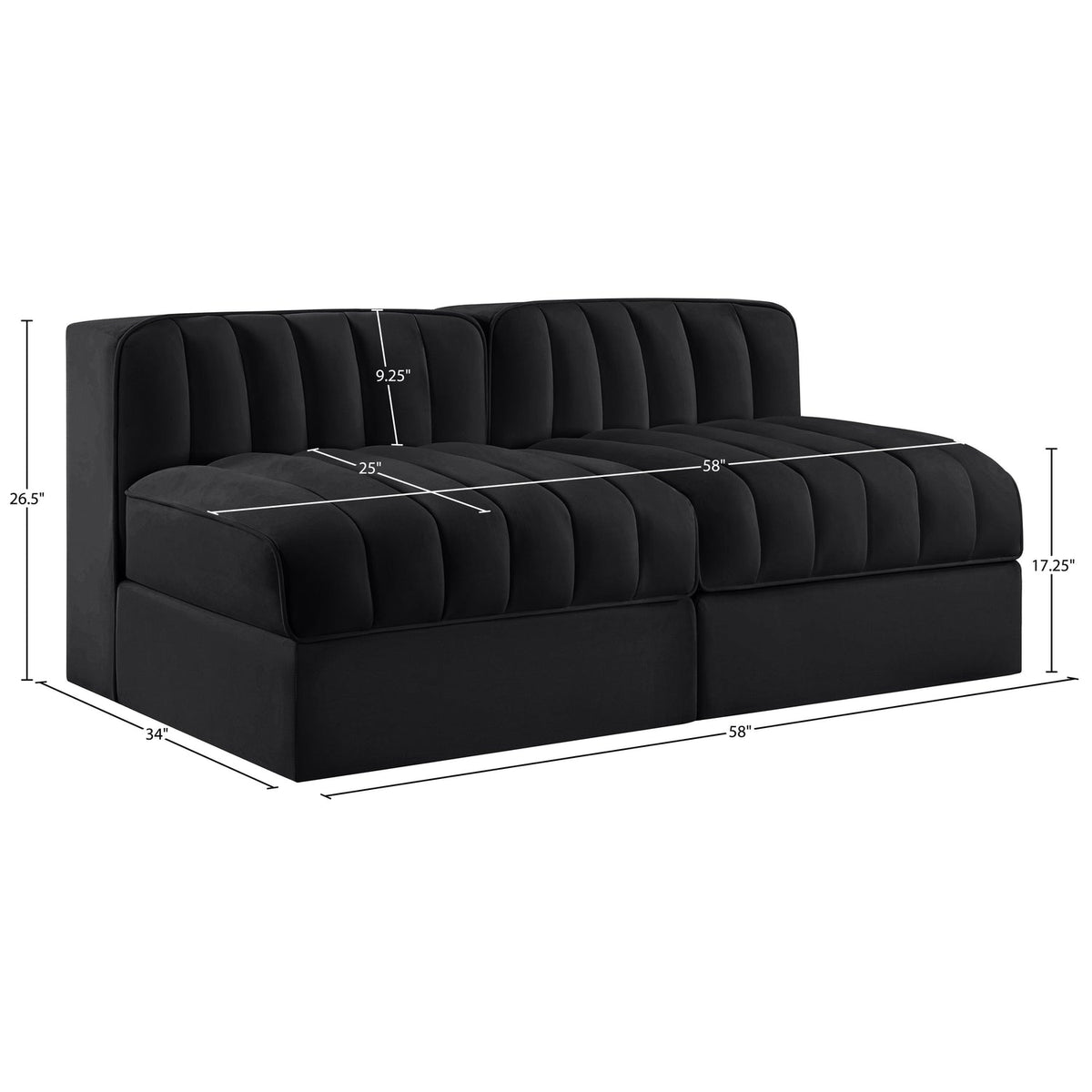 Rummi Black Velvet Performance Fabric Upholstered 2 Piece Modular Loveseat