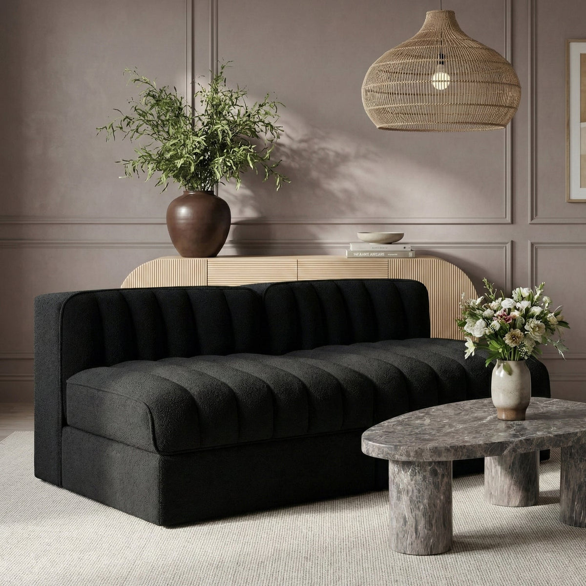 Rummi Black Velvet Performance Fabric Upholstered 2 Piece Modular Loveseat