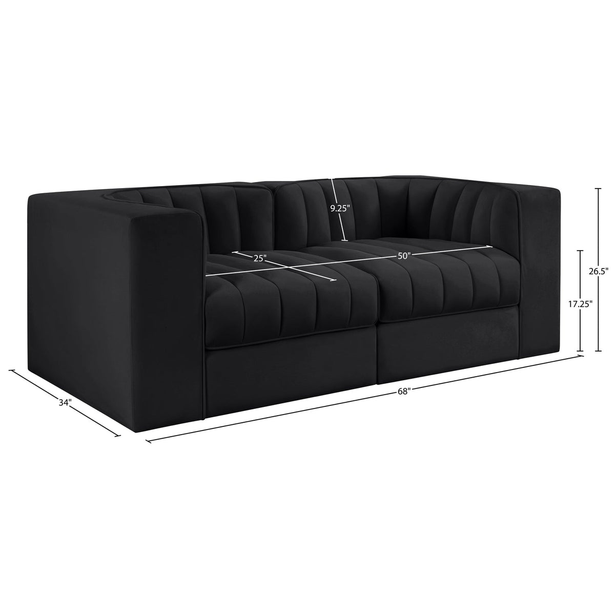 Rummi Black Velvet Performance Fabric Upholstered 2Piece. Modular Loveseat
