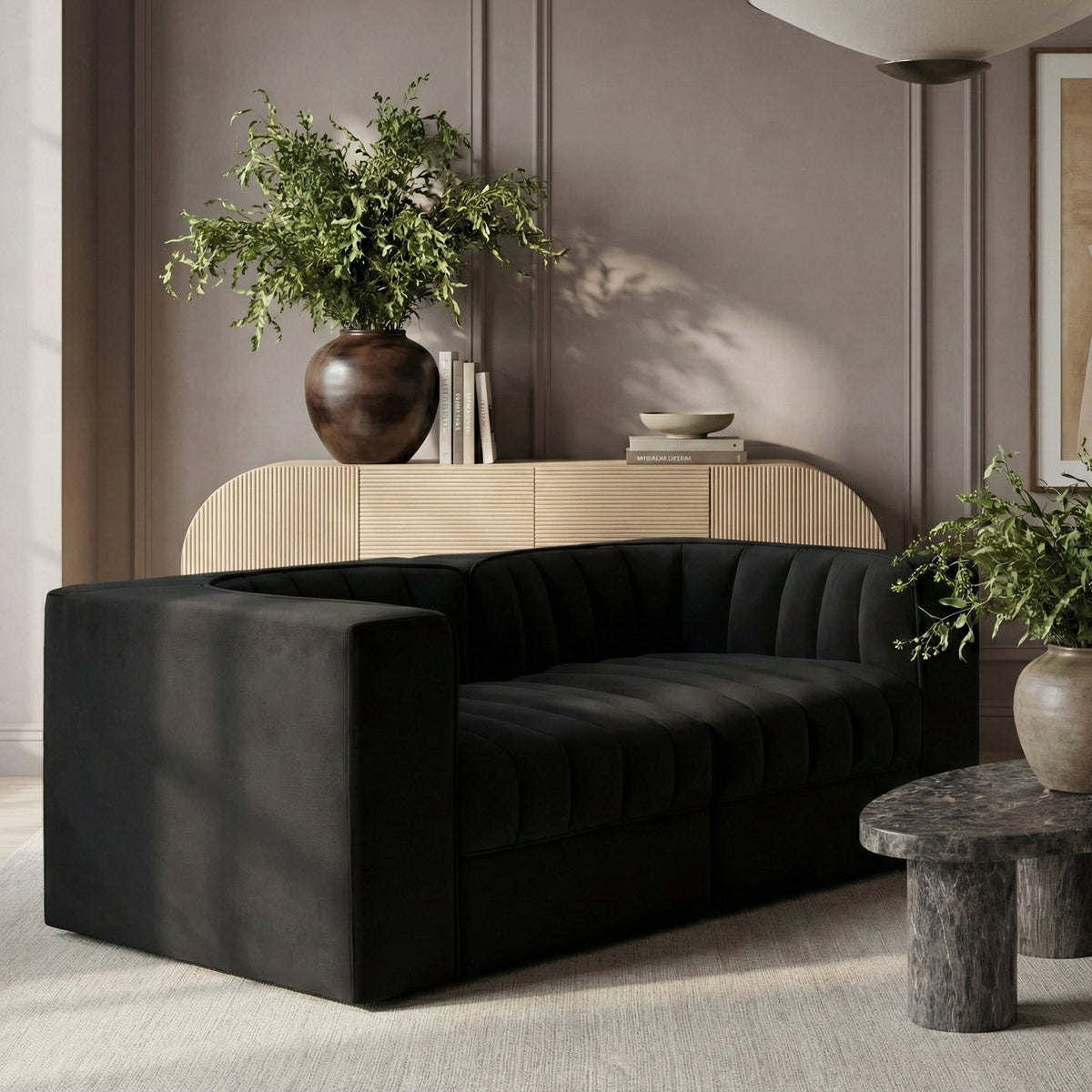 Rummi Black Velvet Performance Fabric Upholstered 2Piece. Modular Loveseat