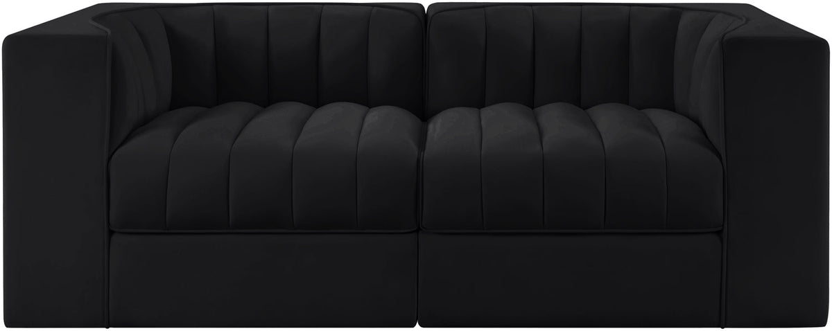 Rummi Black Velvet Performance Fabric Upholstered 2Piece. Modular Loveseat