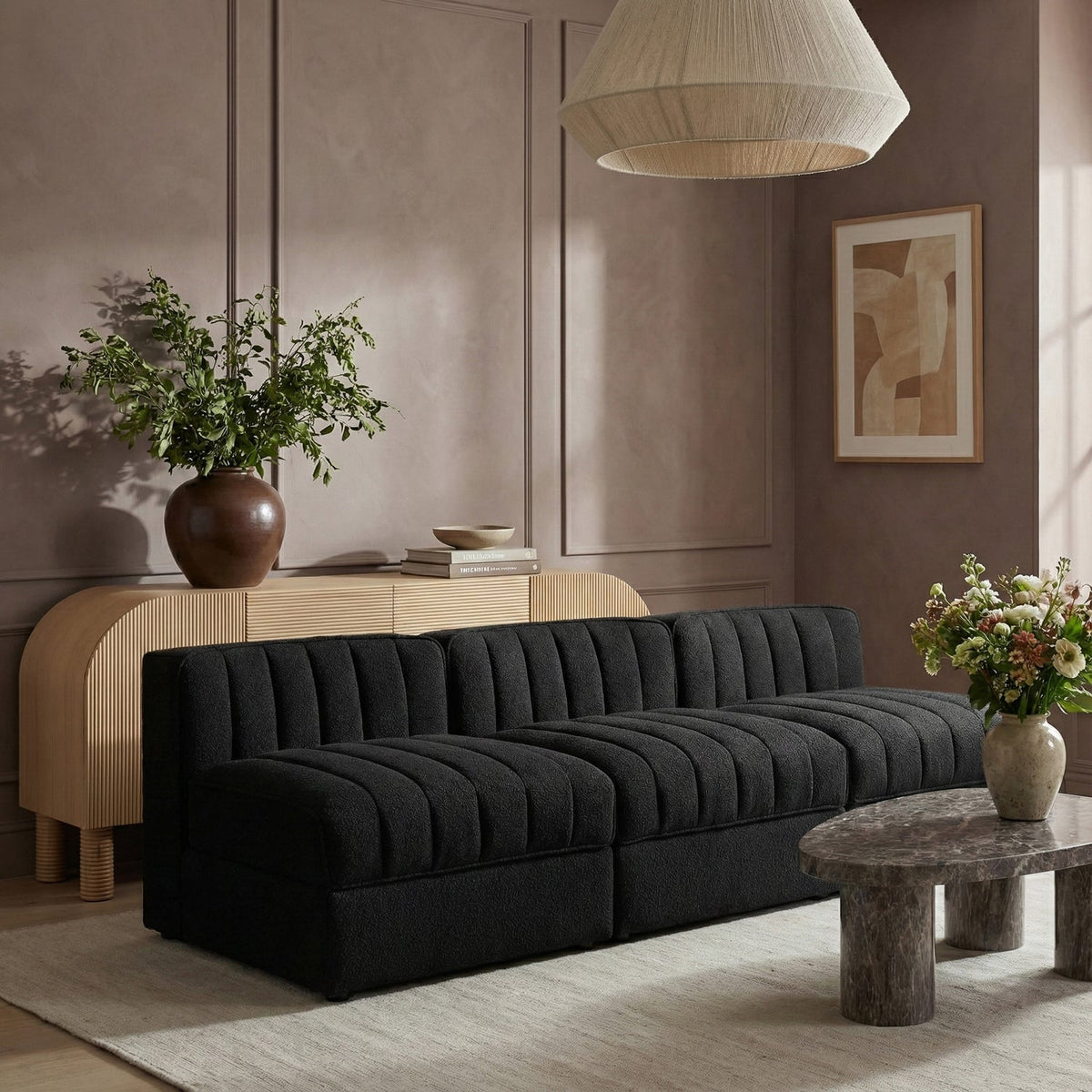 Rummi Black Velvet Performance Fabric Upholstered 3 Piece. Modular Sofa