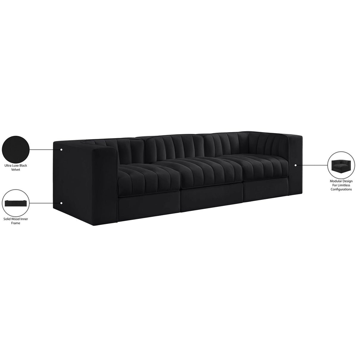 Rummi Black Velvet Performance Fabric Upholstered 3 Piece Modular Sofa