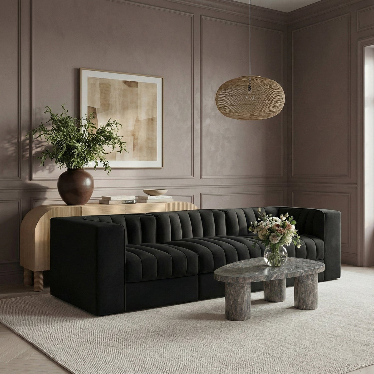 Rummi Black Velvet Performance Fabric Upholstered 3 Piece. Modular Sofa