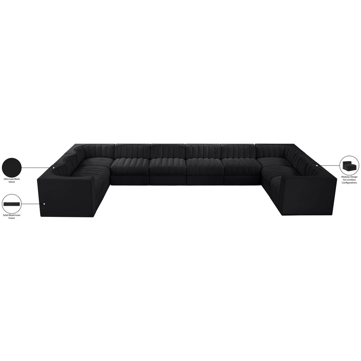 Rummi Black Velvet Performance Fabric Upholstered 10 Piece Modular Sectional Sofa