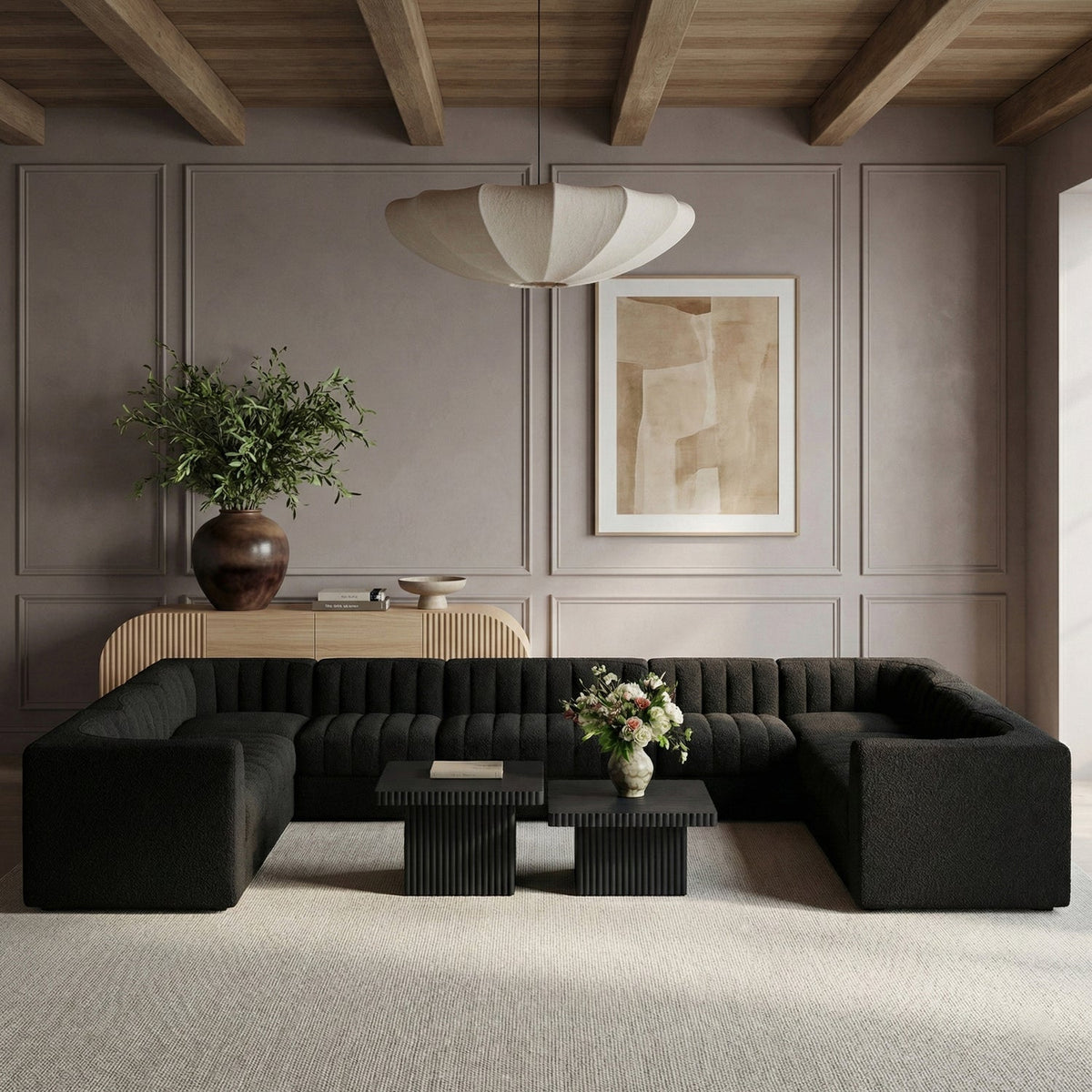 Rummi Black Velvet Performance Fabric Upholstered 10 Piece Modular Sectional Sofa