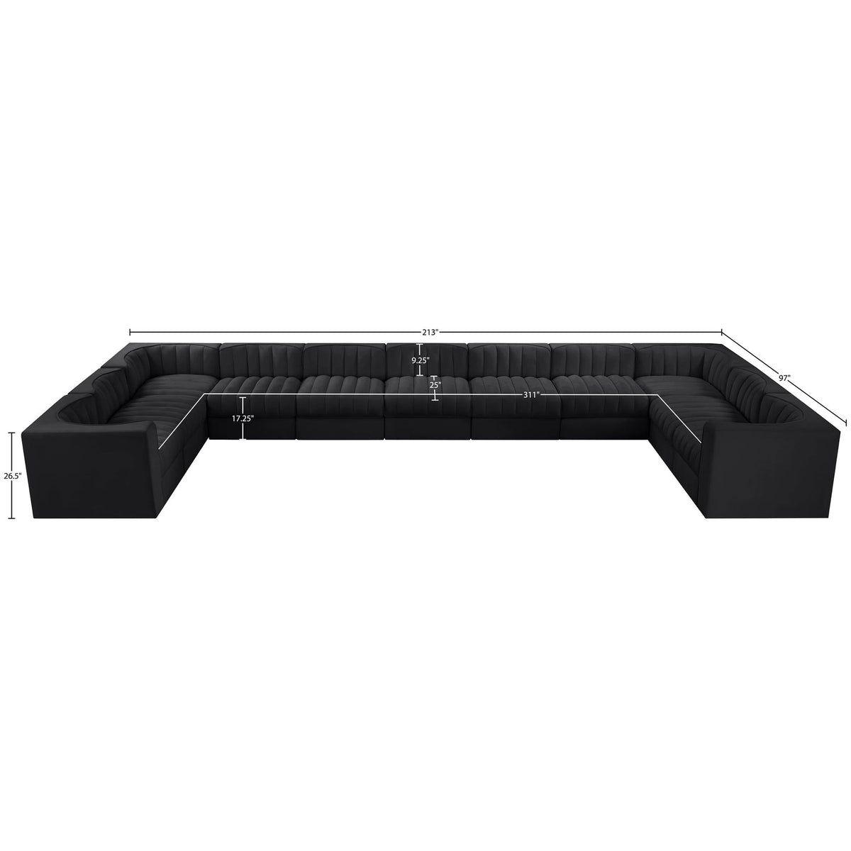 Rummi Black Velvet Performance Fabric Upholstered 11 Piece Modular Sectional Sofa