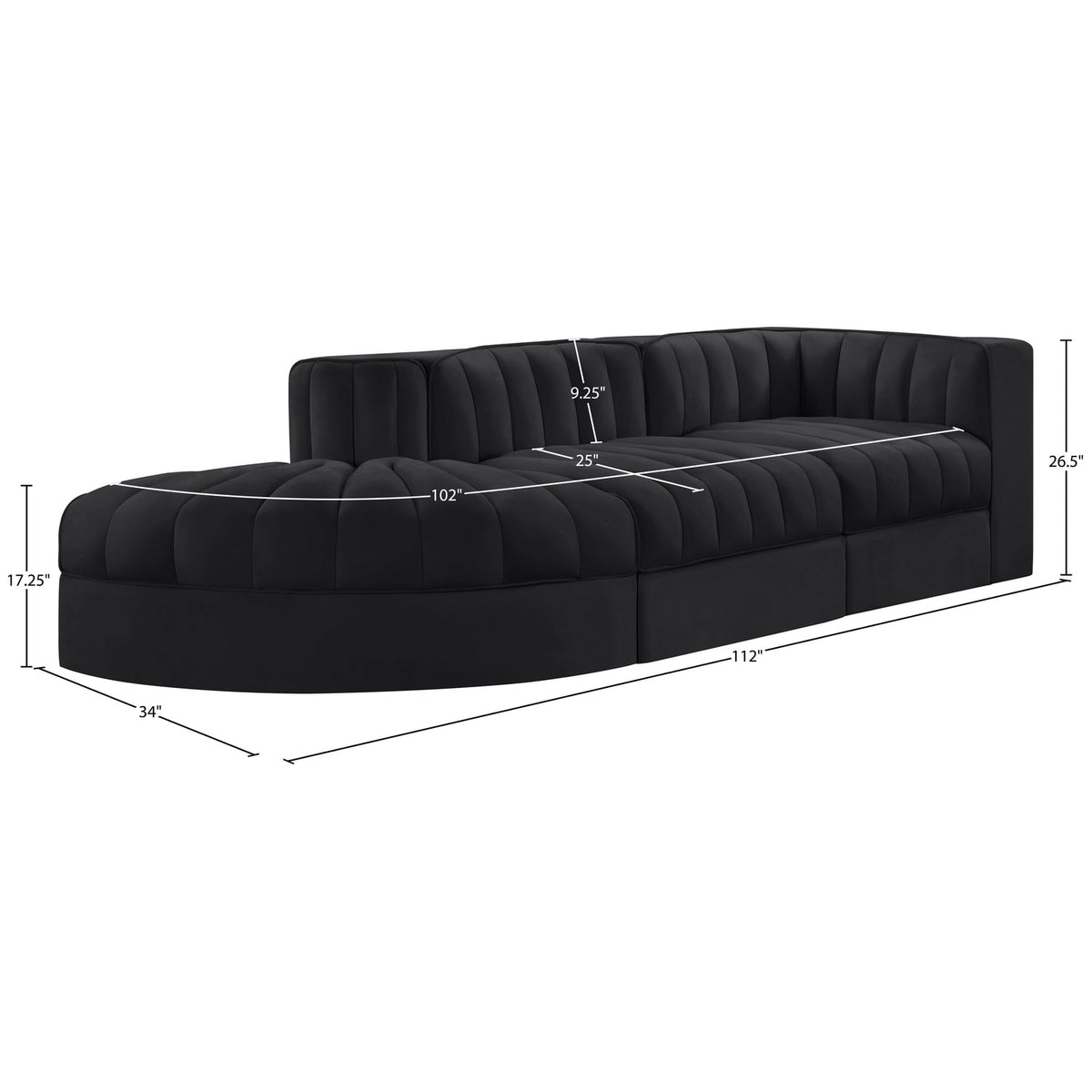Rummi Black Velvet Performance Fabric Upholstered 3 Piece Modular Sectional Sofa