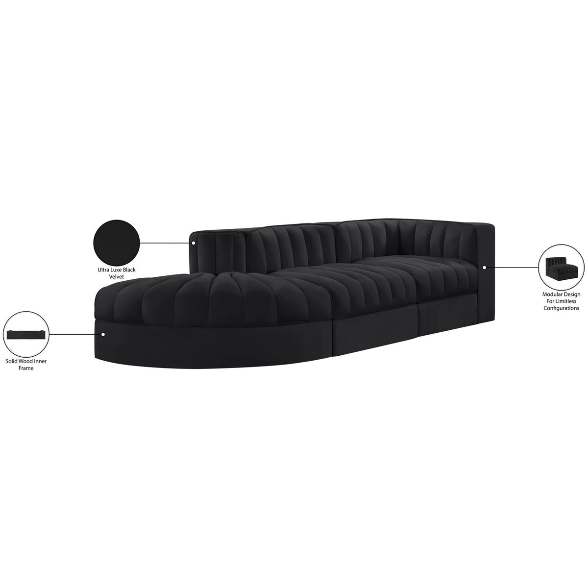 Rummi Black Velvet Performance Fabric Upholstered 3 Piece Modular Sectional Sofa