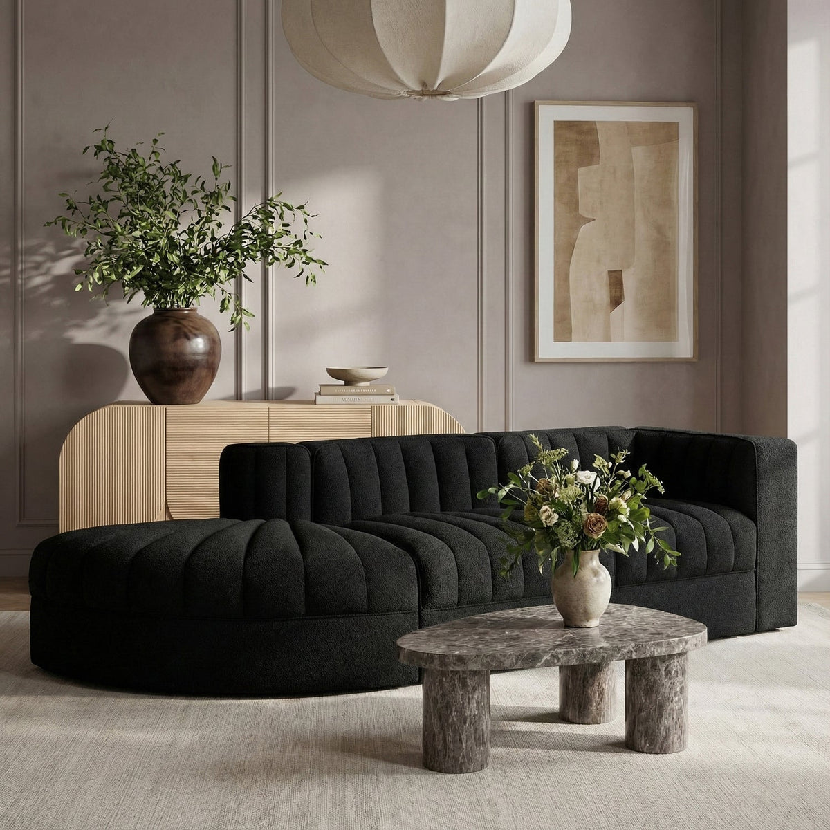 Rummi Black Velvet Performance Fabric Upholstered 3 Piece Modular Sectional Sofa