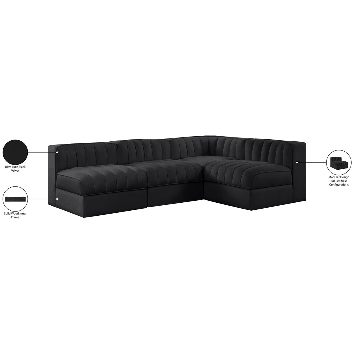 Rummi Black Velvet Performance Fabric Upholstered 4 Piece Modular Sectional Sofa