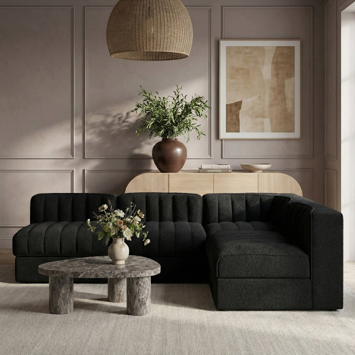 Rummi Black Velvet Performance Fabric Upholstered 4 Piece Modular Sectional Sofa