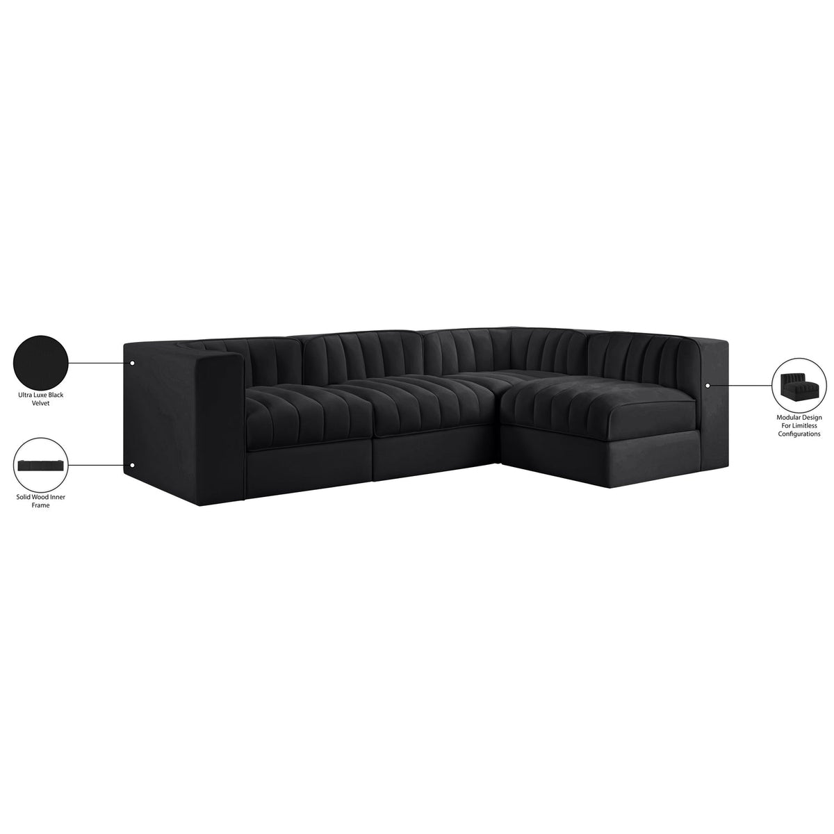Rummi Black Velvet Performance Fabric Upholstered 4 Piece Modular Sectional Sofa