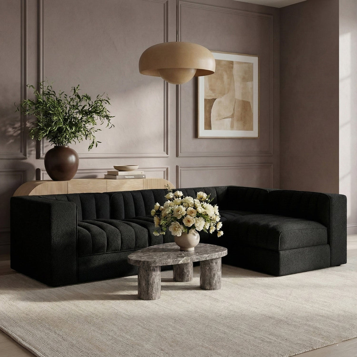 Rummi Black Velvet Performance Fabric Upholstered 4 Piece Modular Sectional Sofa