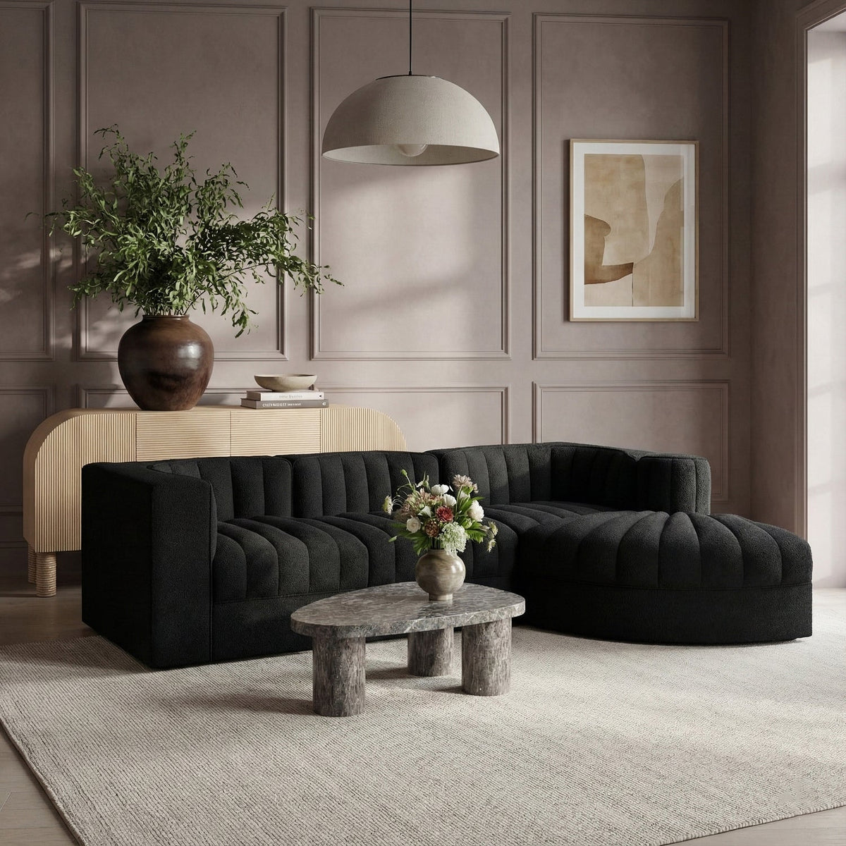 Rummi Black Velvet Performance Fabric Upholstered 4 Piece Modular Sectional Sofa