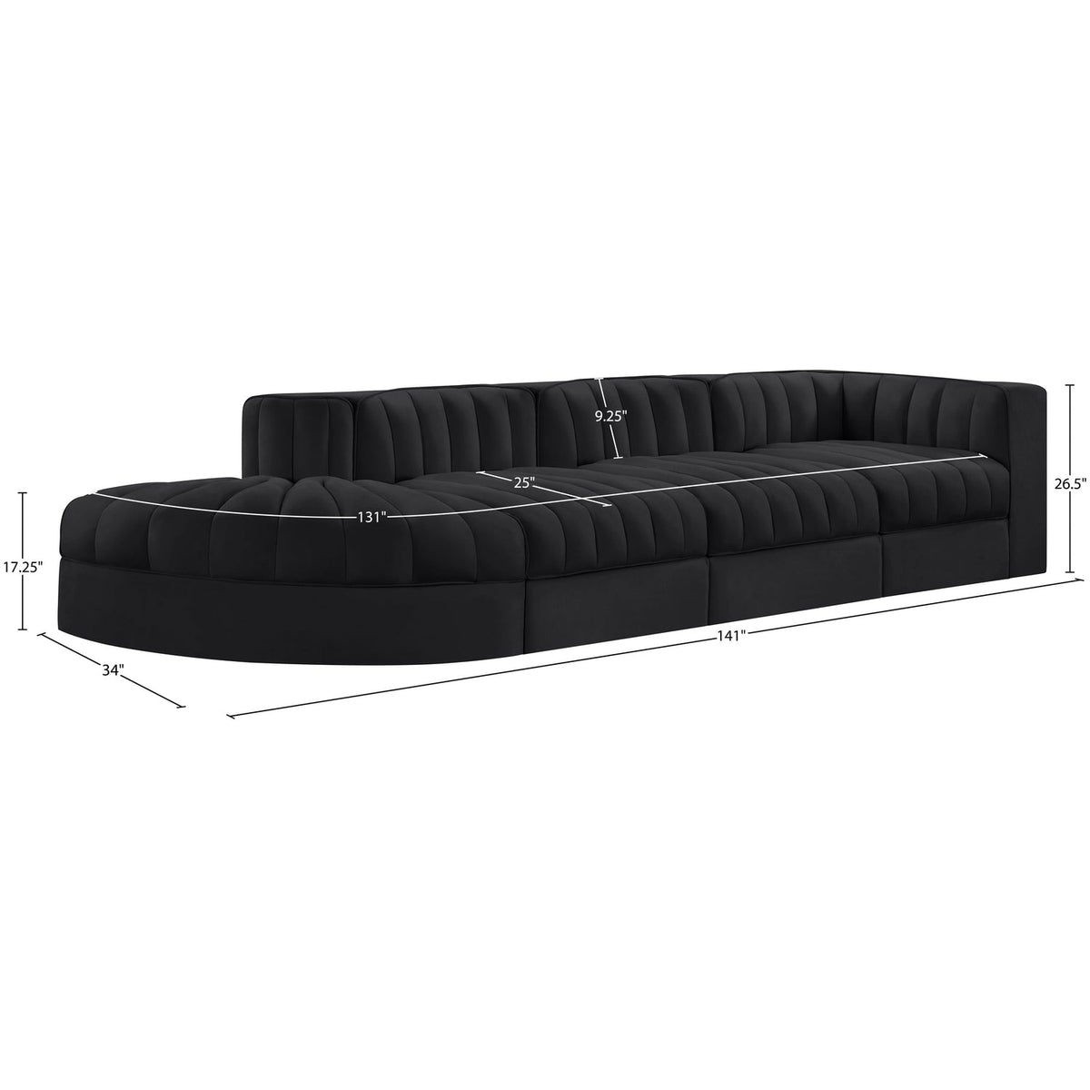 Rummi Black Velvet Performance Fabric Upholstered 4 Piece Modular Sectional Sofa