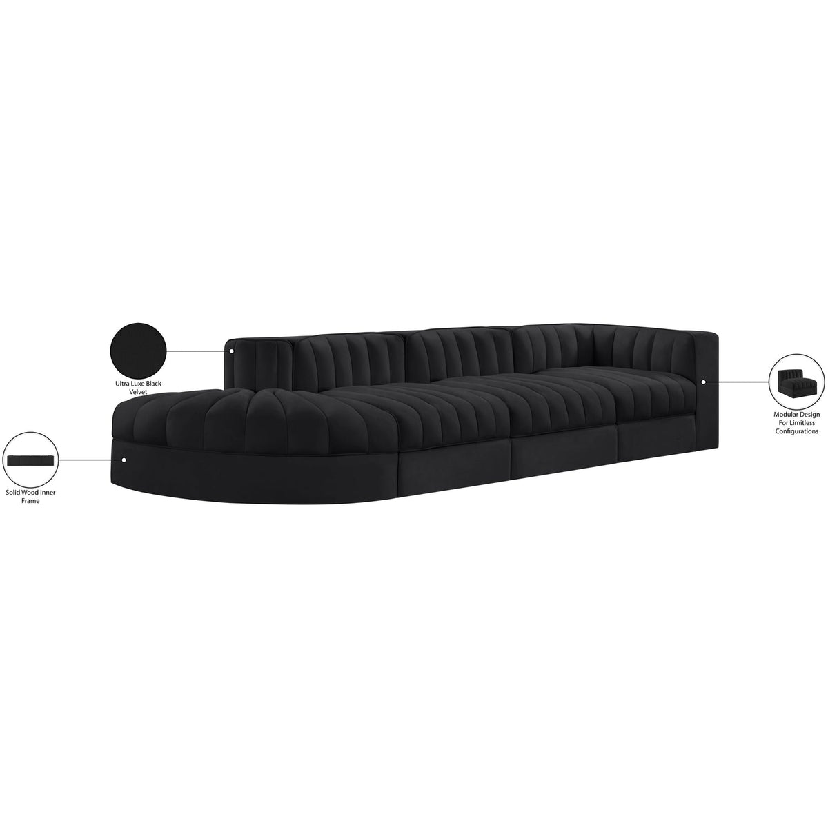 Rummi Black Velvet Performance Fabric Upholstered 4 Piece Modular Sectional Sofa