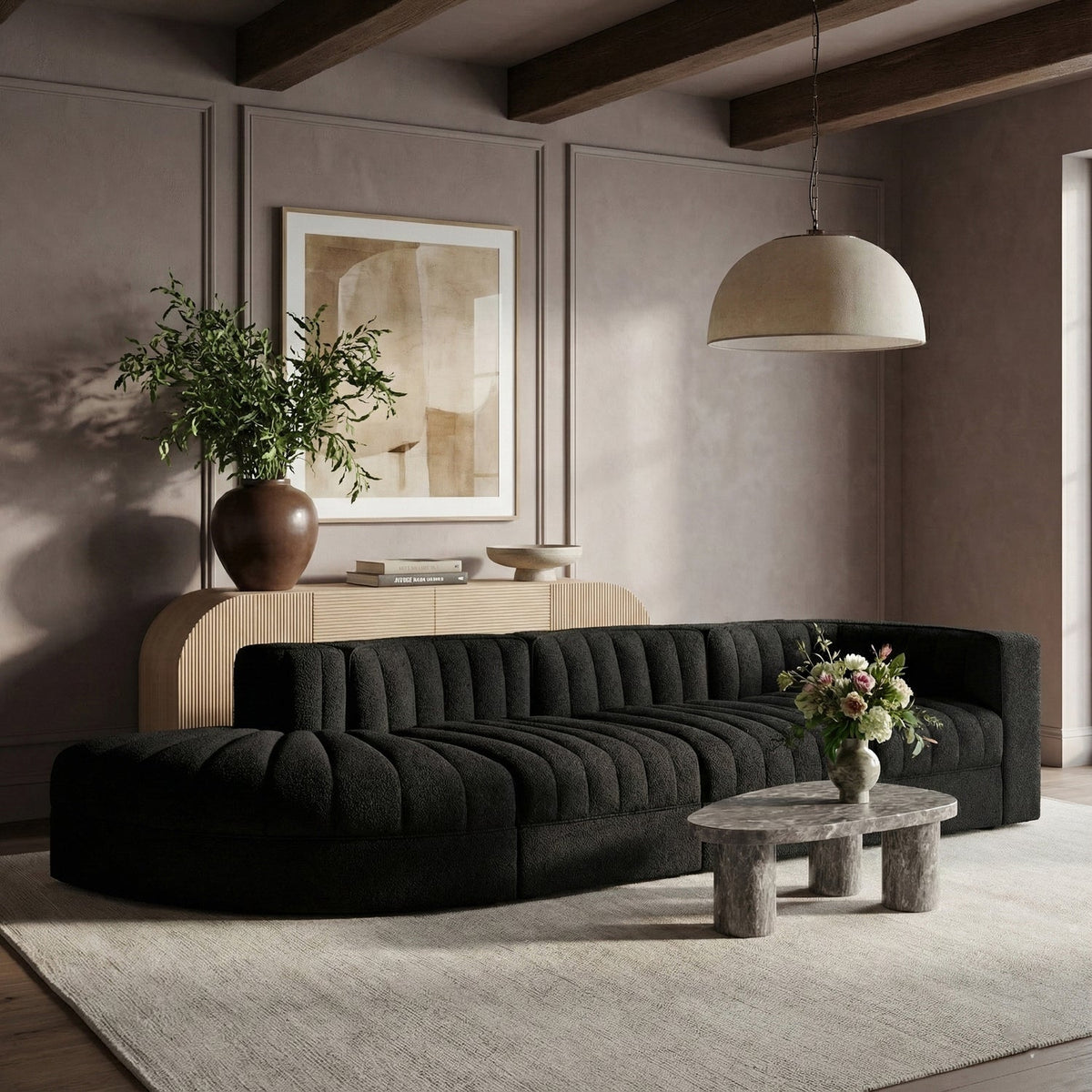 Rummi Black Velvet Performance Fabric Upholstered 4 Piece Modular Sectional Sofa