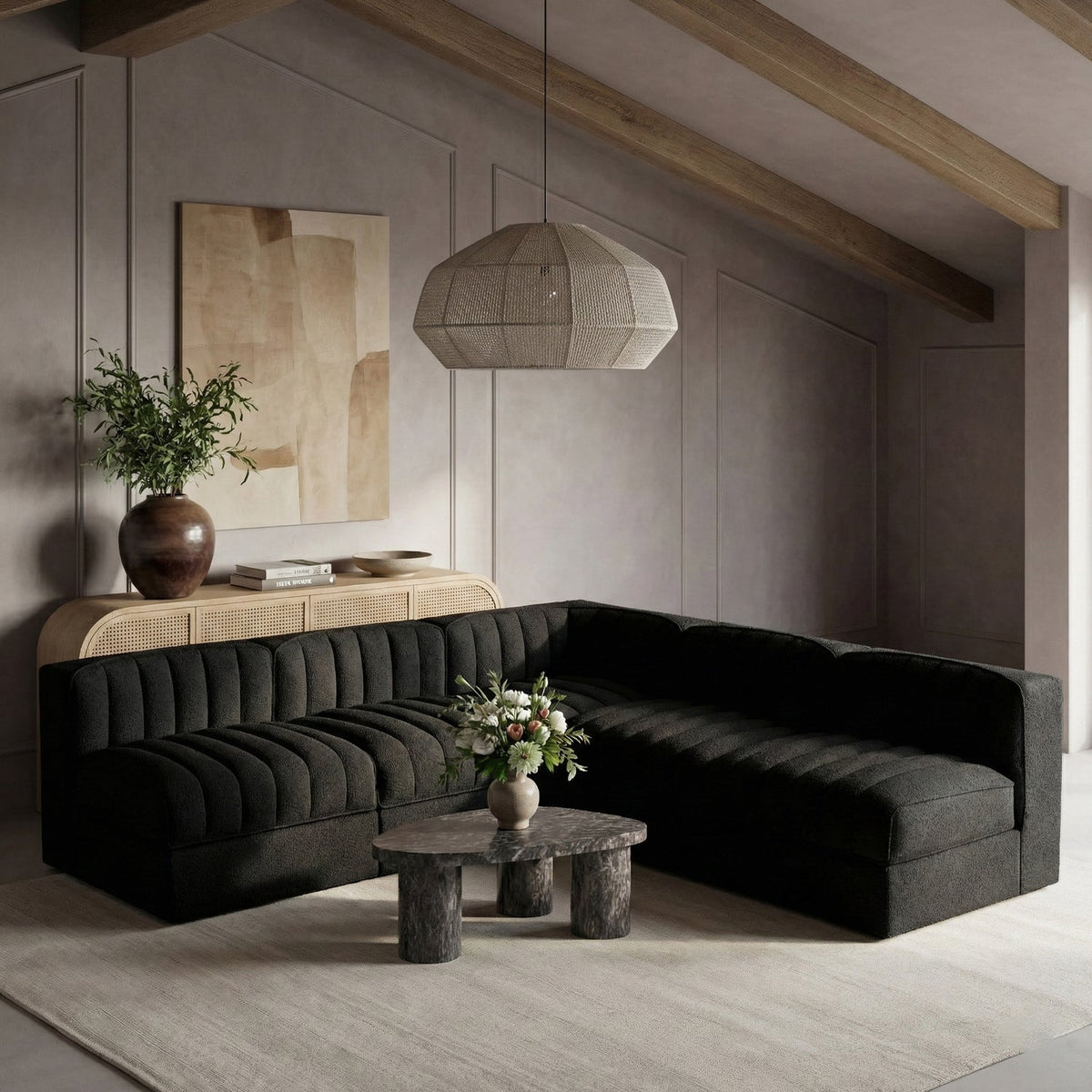 Rummi Black Velvet Performance Fabric Upholstered 5 Piece Modular Sectional Sofa