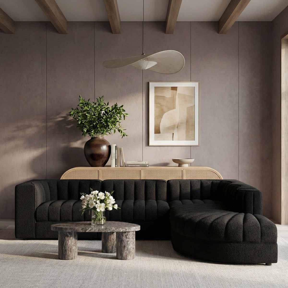 Rummi Black Velvet Performance Fabric Upholstered 5 Piece Modular Sectional Sofa