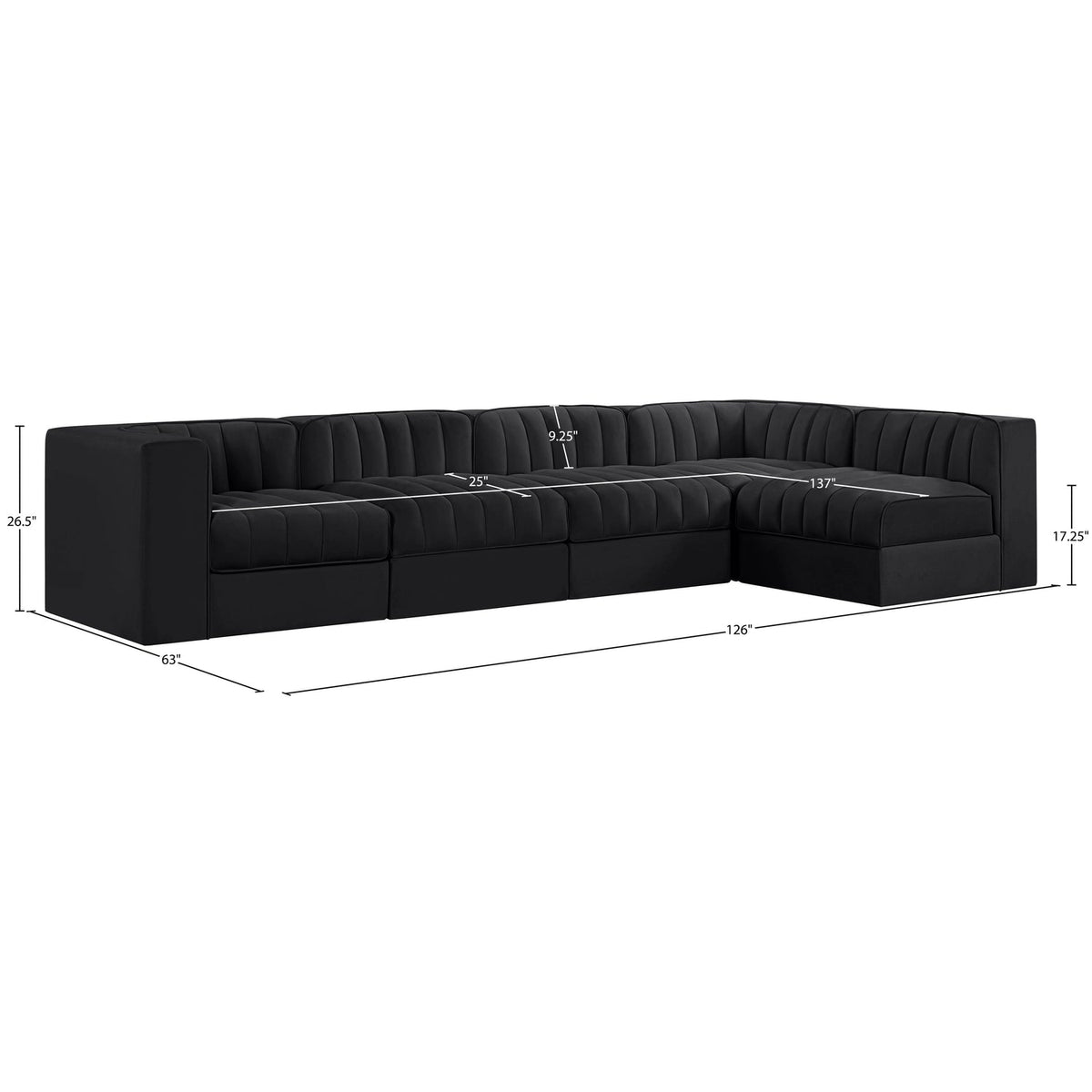 Rummi Black Velvet Performance Fabric Upholstered 5 Piece Modular Sectional Sofa