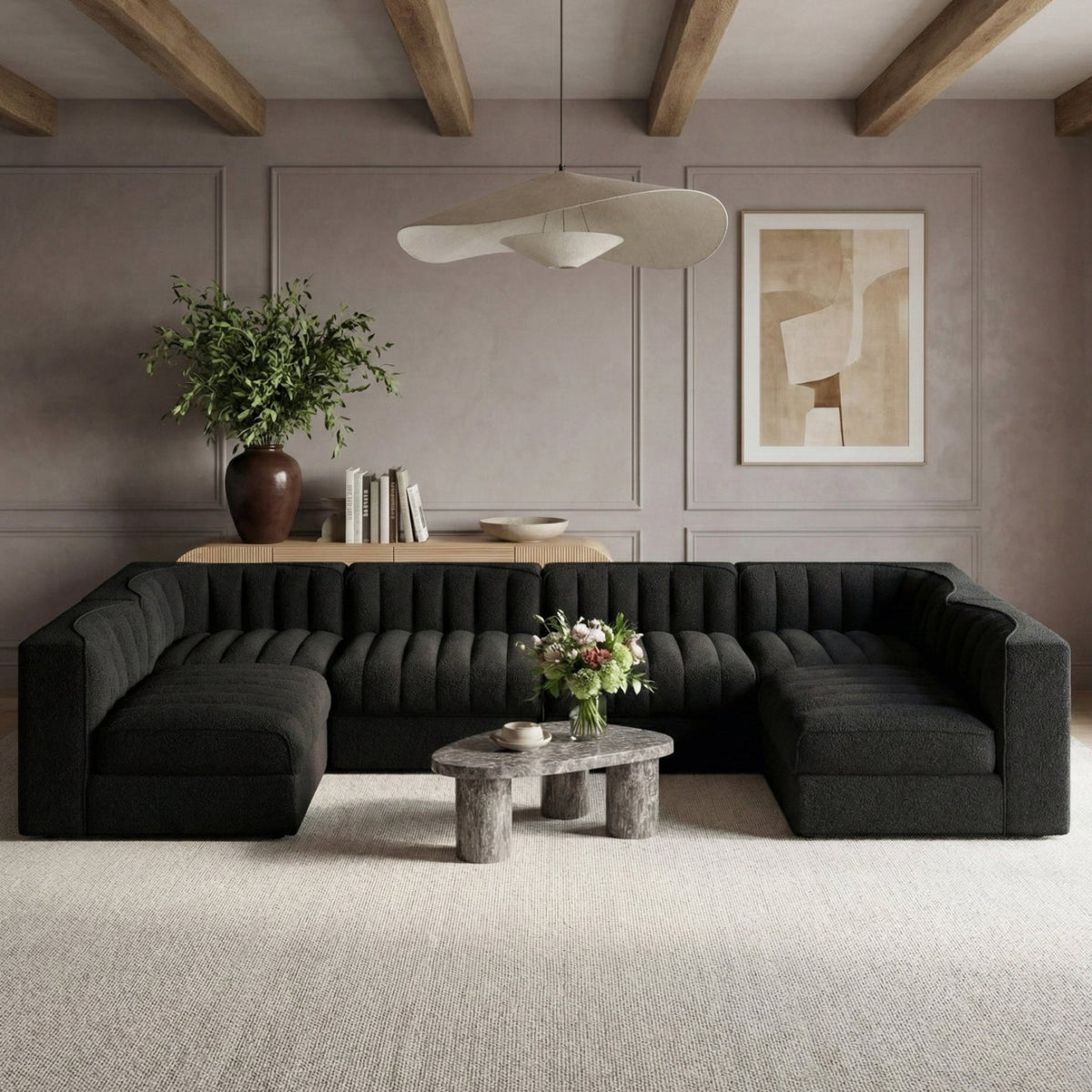Rummi Black Velvet Performance Fabric Upholstered 6 Piece Modular Sectional Sofa