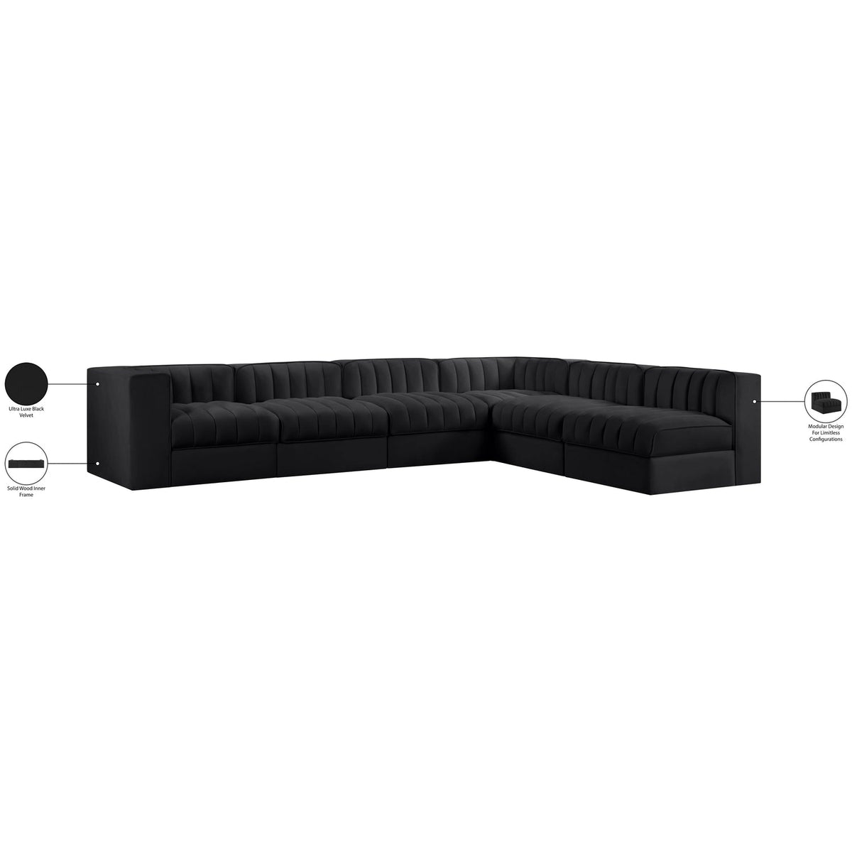 Rummi Black Velvet Performance Fabric Upholstered 6 Piece Modular Sectional Sofa