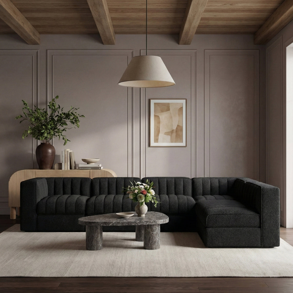 Rummi Black Velvet Performance Fabric Upholstered 6 Piece Modular Sectional Sofa