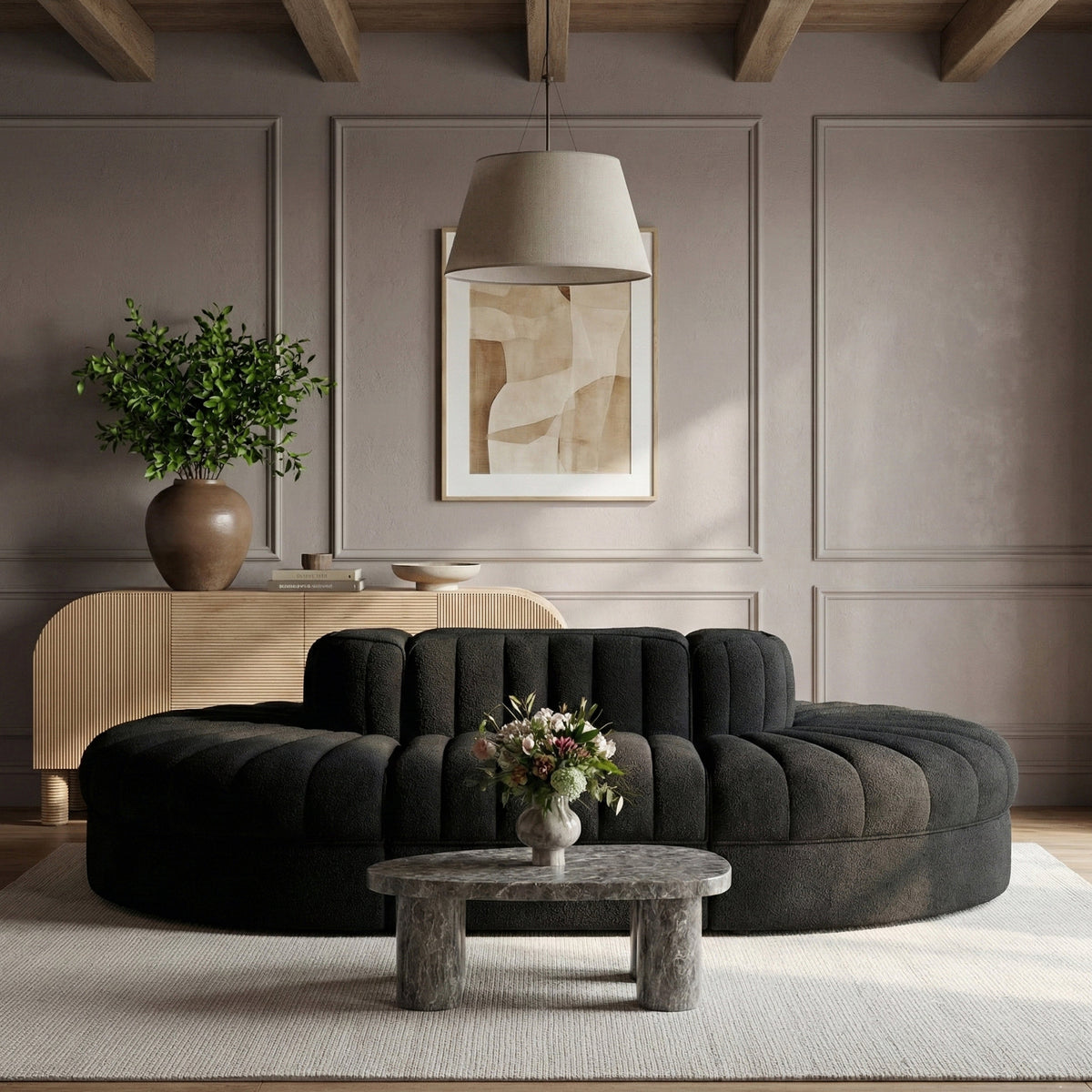 Rummi Black Velvet Performance Fabric Upholstered 6 Piece Modular Sectional Sofa