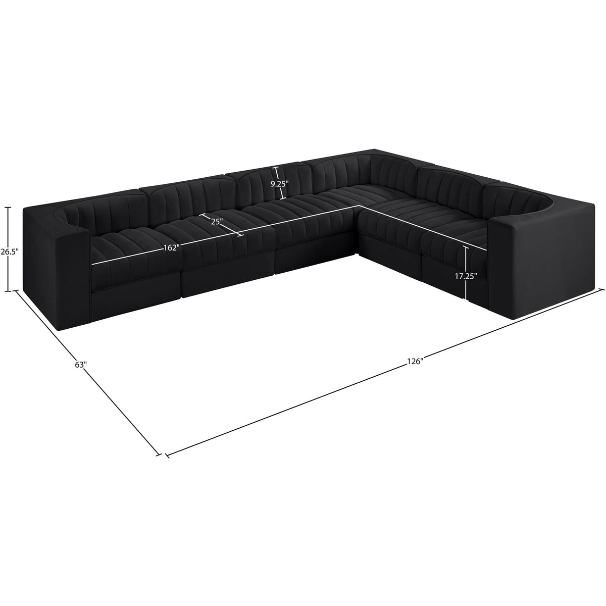 Rummi Black Velvet Performance Fabric Upholstered 6 Piece Modular Sectional Sofa