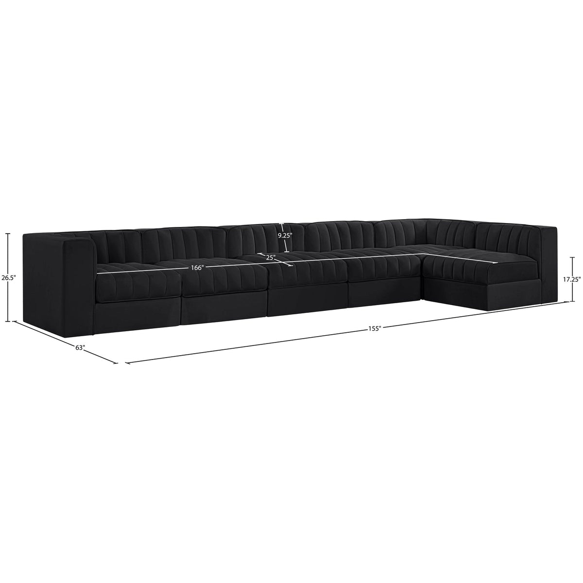 Rummi Black Velvet Performance Fabric Upholstered 6 Piece Modular Sectional Sofa