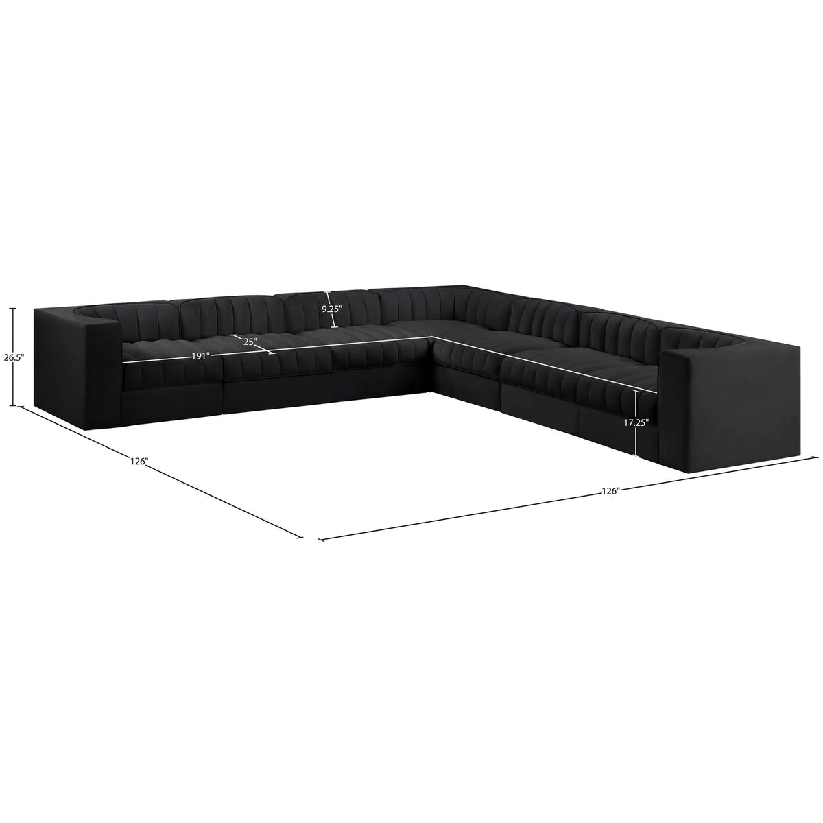Rummi Black Velvet Performance Fabric Upholstered 7 Piece Modular Sectional Sofa
