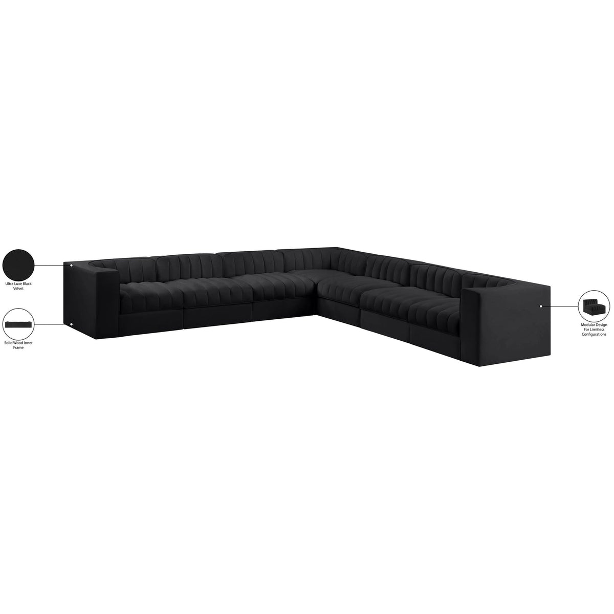 Rummi Black Velvet Performance Fabric Upholstered 7 Piece Modular Sectional Sofa