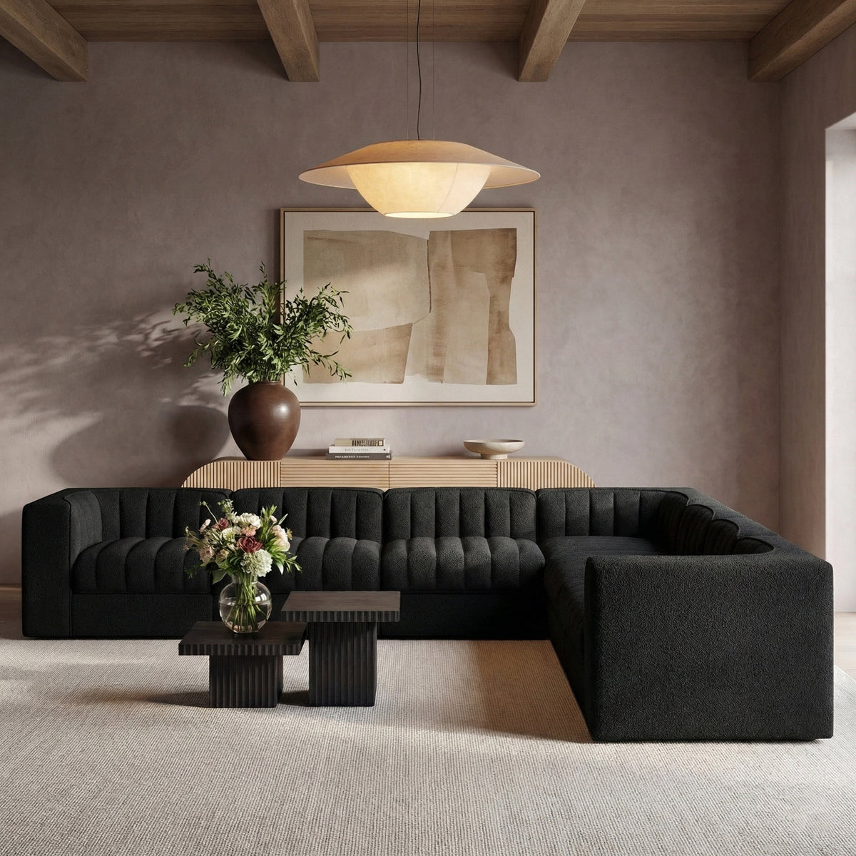 Rummi Black Velvet Performance Fabric Upholstered 7 Piece Modular Sectional Sofa