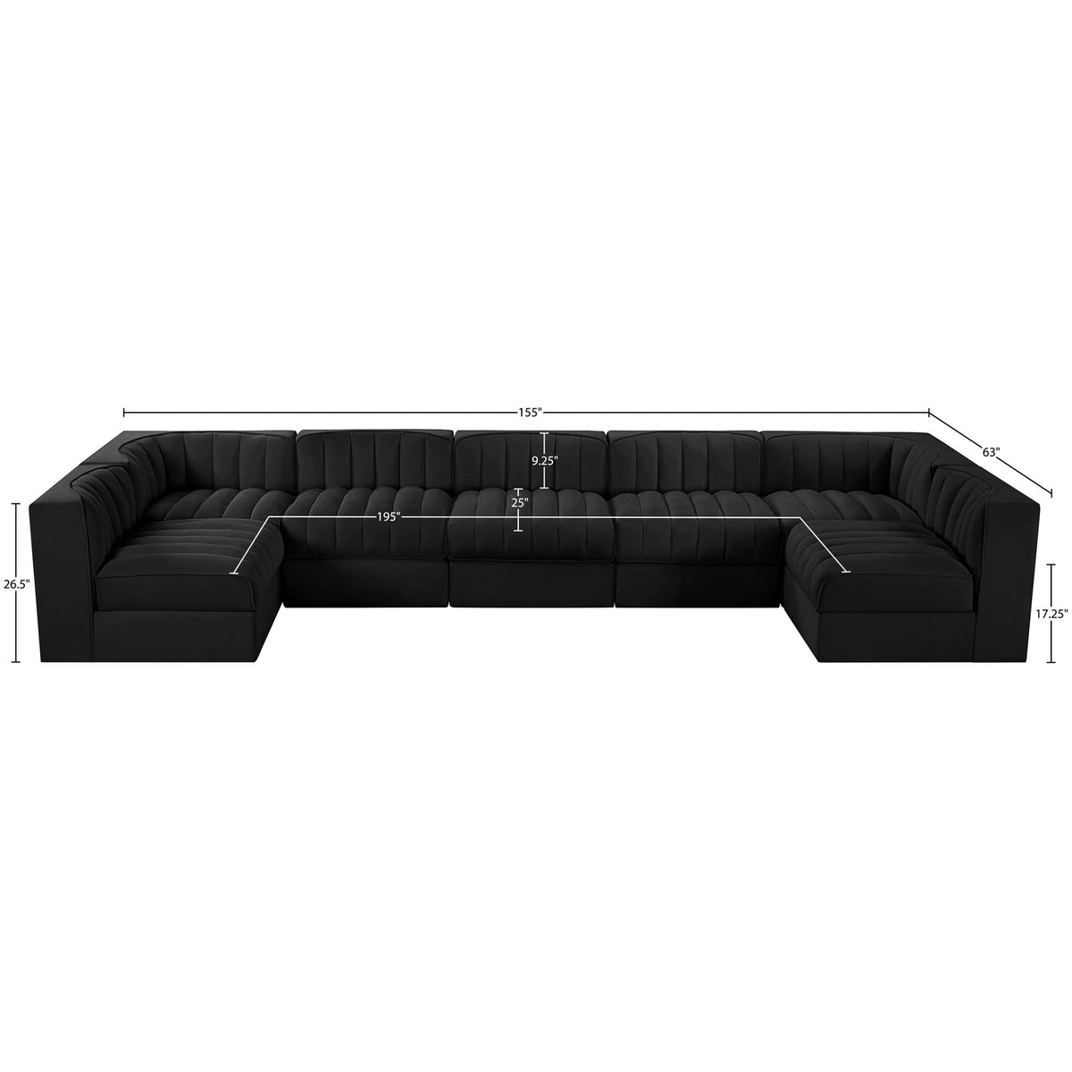 Rummi Black Velvet Performance Fabric Upholstered 7 Piece Modular Sectional Sofa