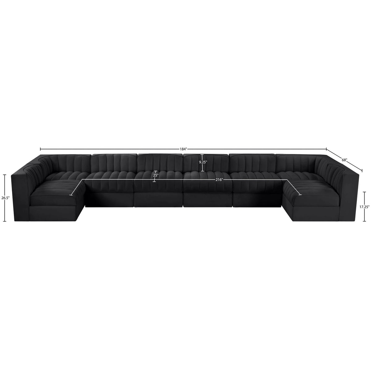 Rummi Black Velvet Performance Fabric Upholstered 8 Piece Modular Sectional Sofa