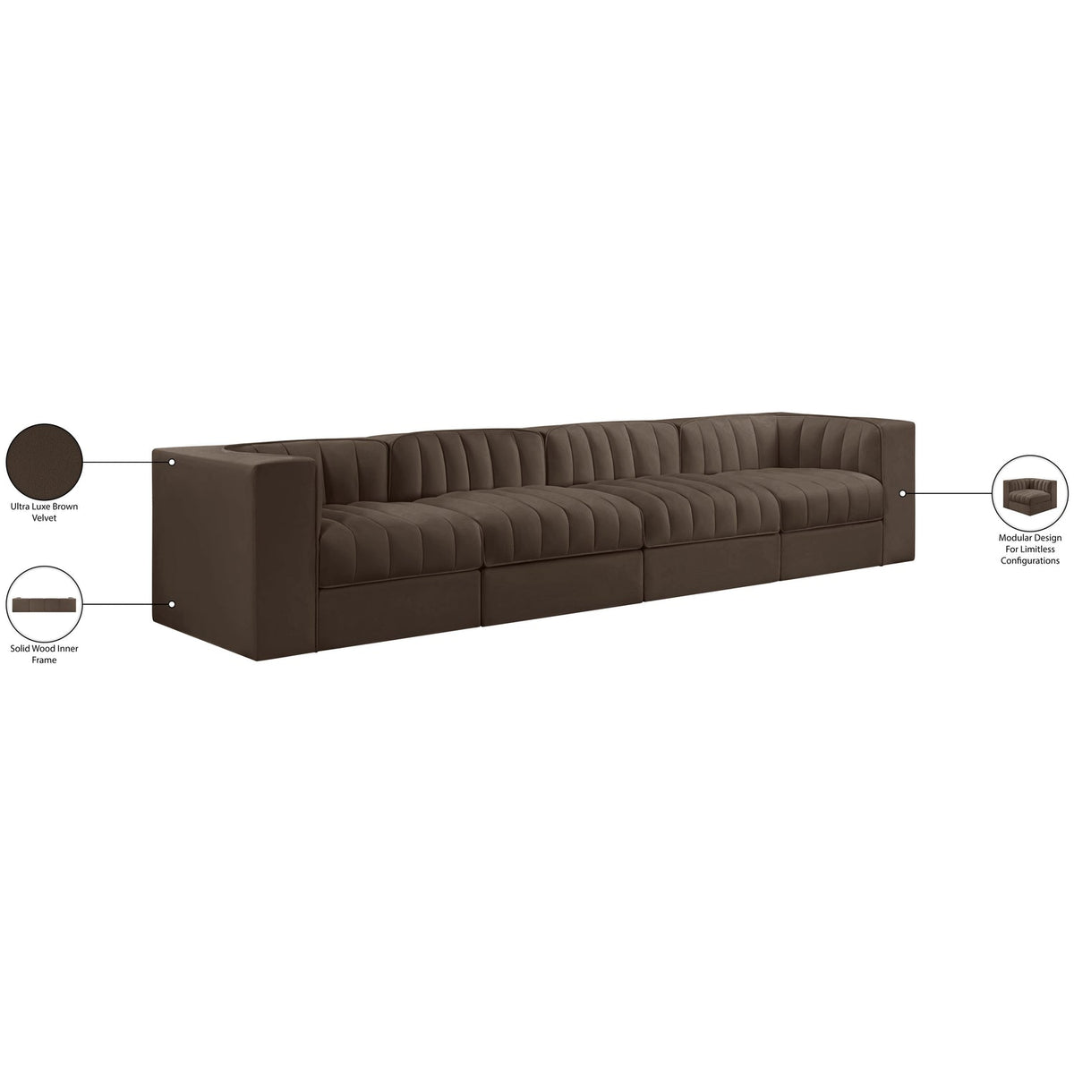 Rummi Brown Velvet Performance Fabric Upholstered 4 Piece Modular Sofa
