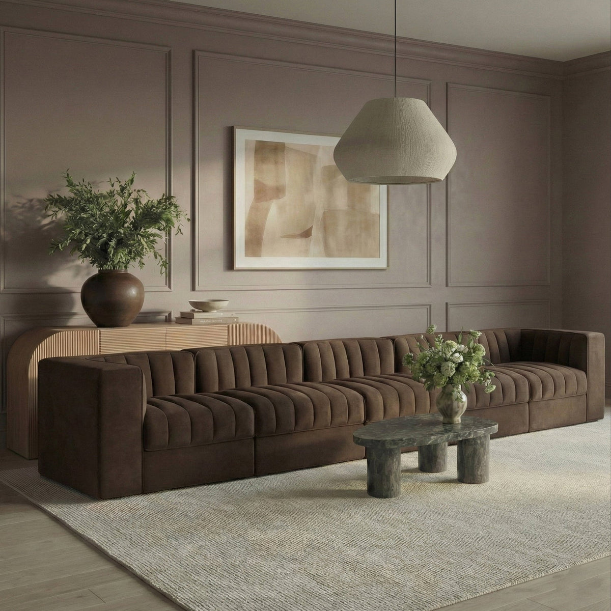 Rummi Brown Velvet Performance Fabric Upholstered 5 Piece. Modular Sofa