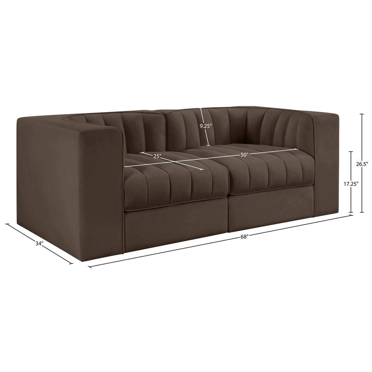 Rummi Brown Velvet Performance Fabric Upholstered 2 Piece Modular Loveseat